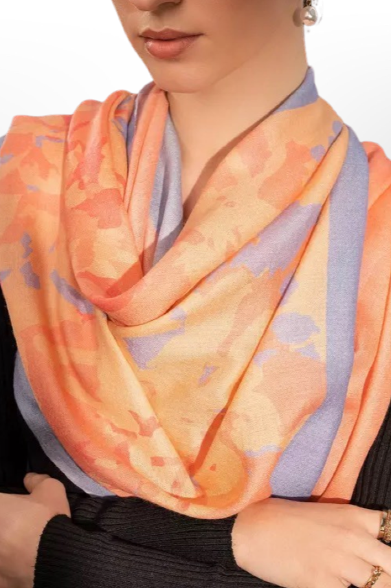 Elegant Merino wool and silk shawl draped over shoulders,perfect for women's evening wear
