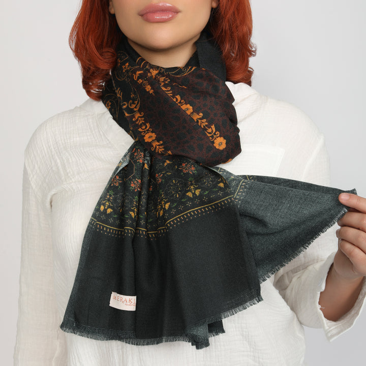 Elegant Merino wool and silk shawl draped over shoulders,perfect for women's evening wear