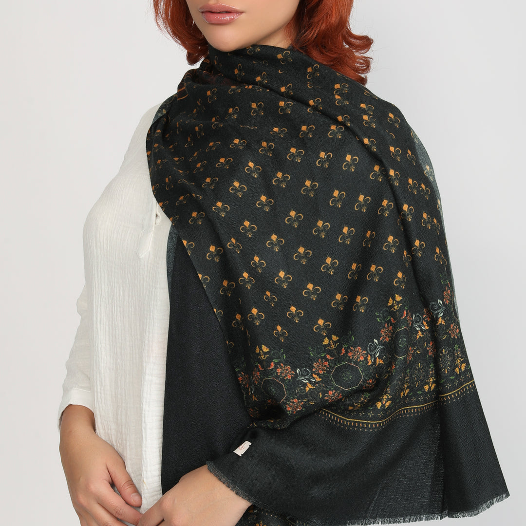 Elegant Merino wool and silk shawl draped over shoulders,perfect for women's evening wear