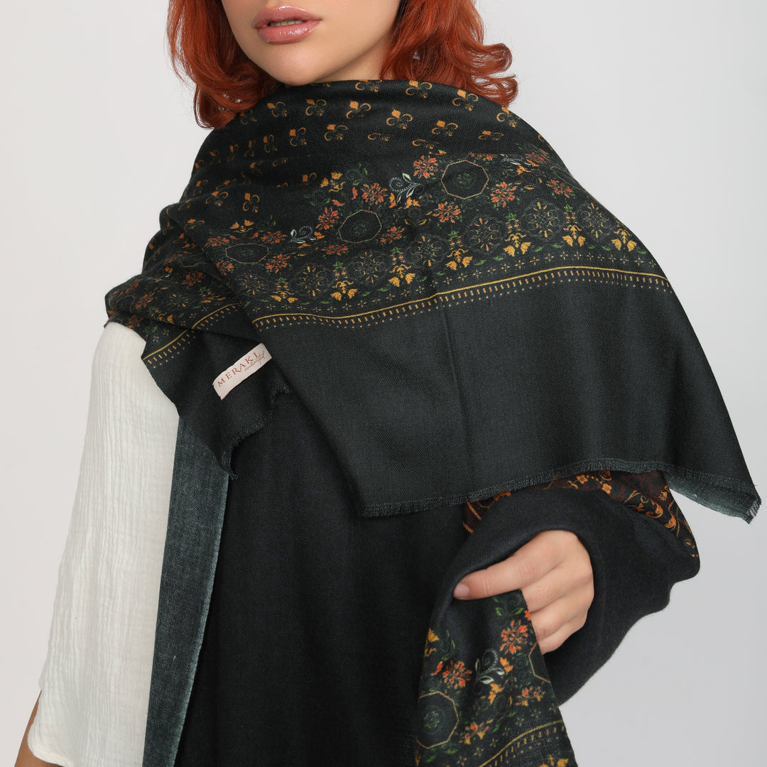 Elegant Merino wool and silk shawl draped over shoulders,perfect for women's evening wear