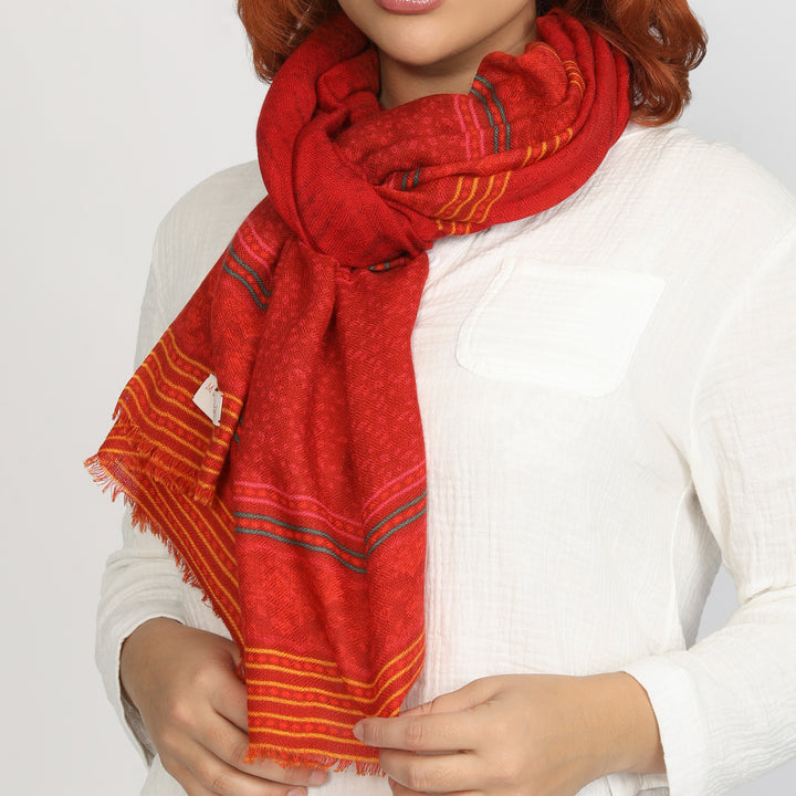 Elegant Merino wool and silk shawl draped over shoulders,perfect for women's evening wear