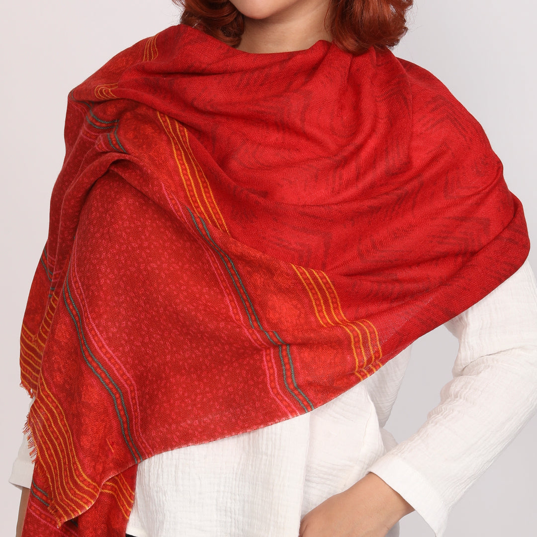 Elegant Merino wool and silk shawl draped over shoulders,perfect for women's evening wear