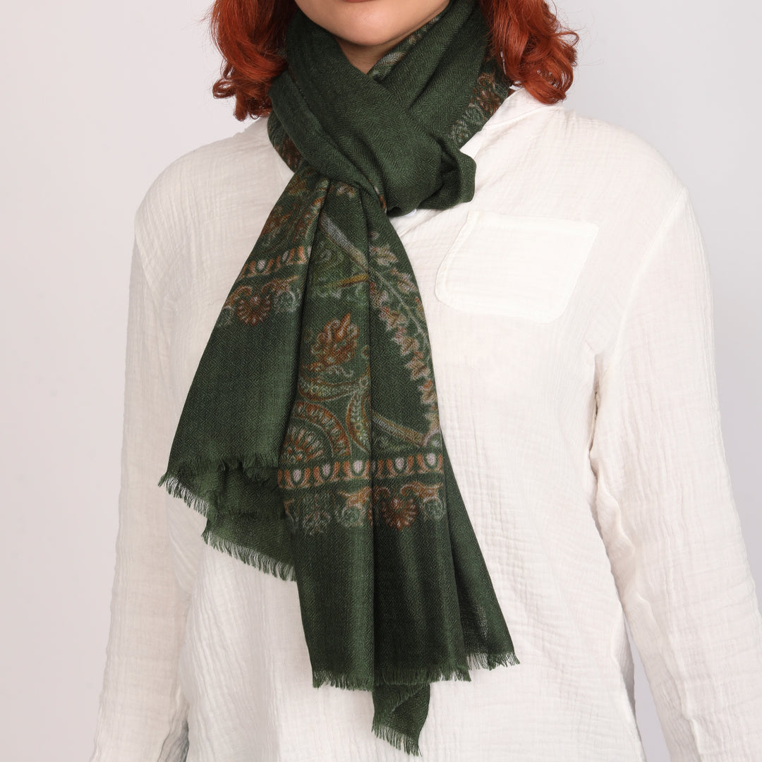 Elegant Merino wool and silk shawl draped over shoulders,perfect for women's evening wear