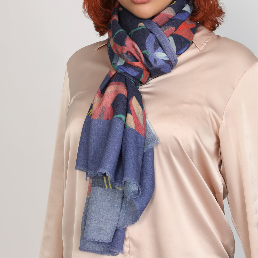 Elegant Merino wool and silk shawl draped over shoulders,perfect for women's evening wear