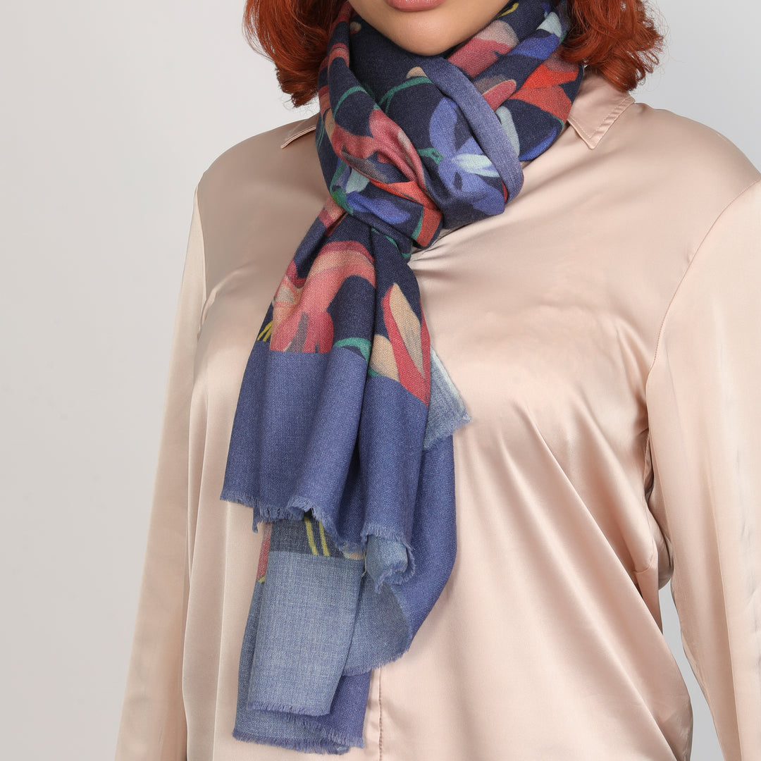 Elegant Merino wool and silk shawl draped over shoulders,perfect for women's evening wear