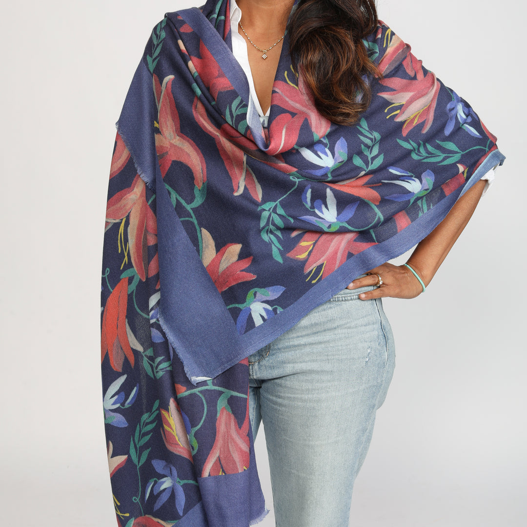 Elegant Merino wool and silk shawl draped over shoulders,perfect for women's evening wear