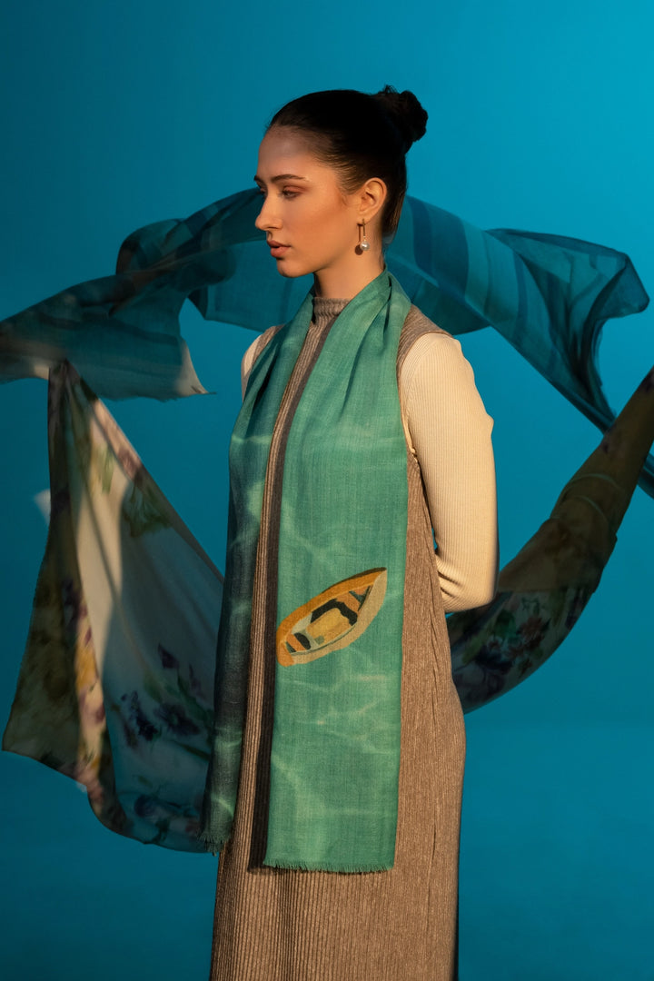 Elegant Merino wool and silk shawl draped over shoulders,perfect for women's evening wear