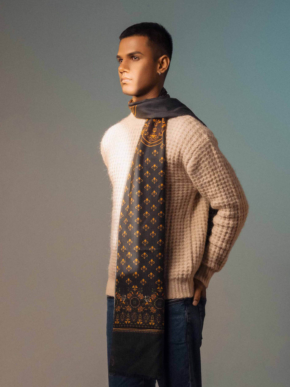 Elegant Merino wool and silk shawl draped over shoulders,perfect for women's evening wear