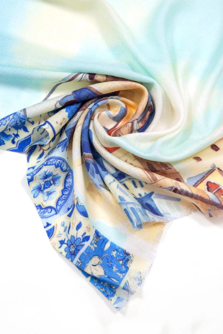Elegant Merino wool and silk shawl draped over shoulders,perfect for women's evening wear