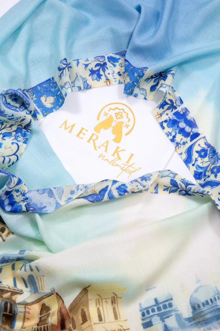 Elegant Merino wool and silk shawl draped over shoulders,perfect for women's evening wear