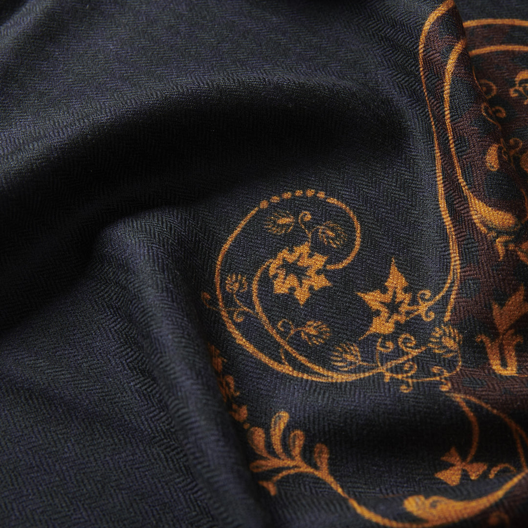 Elegant Merino wool and silk shawl draped over shoulders,perfect for women's evening wear