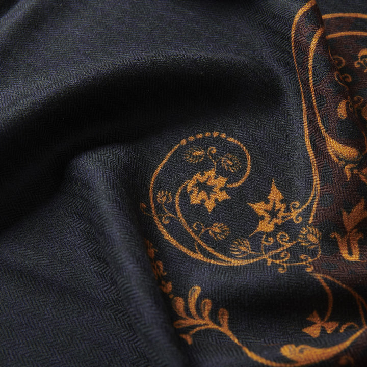 Elegant Merino wool and silk shawl draped over shoulders,perfect for women's evening wear