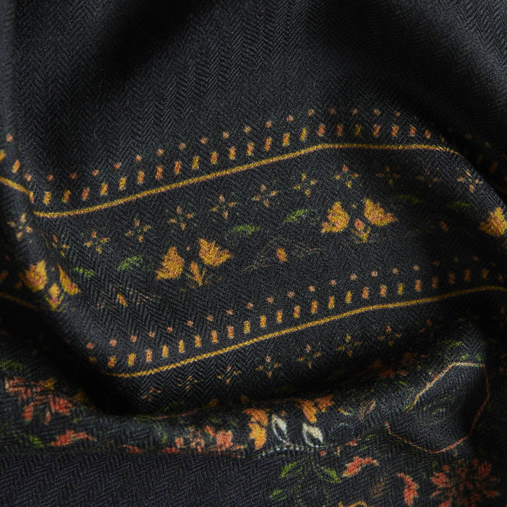 Elegant Merino wool and silk shawl draped over shoulders,perfect for women's evening wear