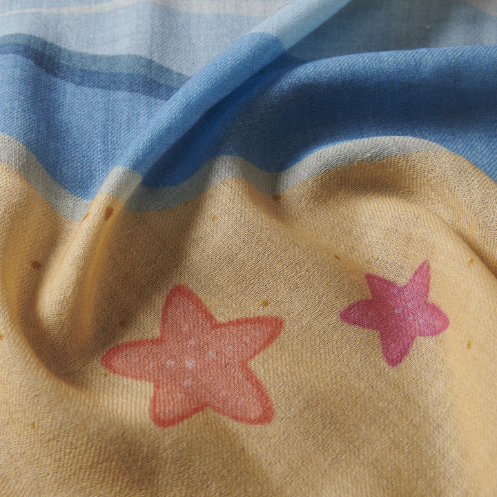 Elegant Merino wool and silk shawl draped over shoulders,perfect for women's evening wear