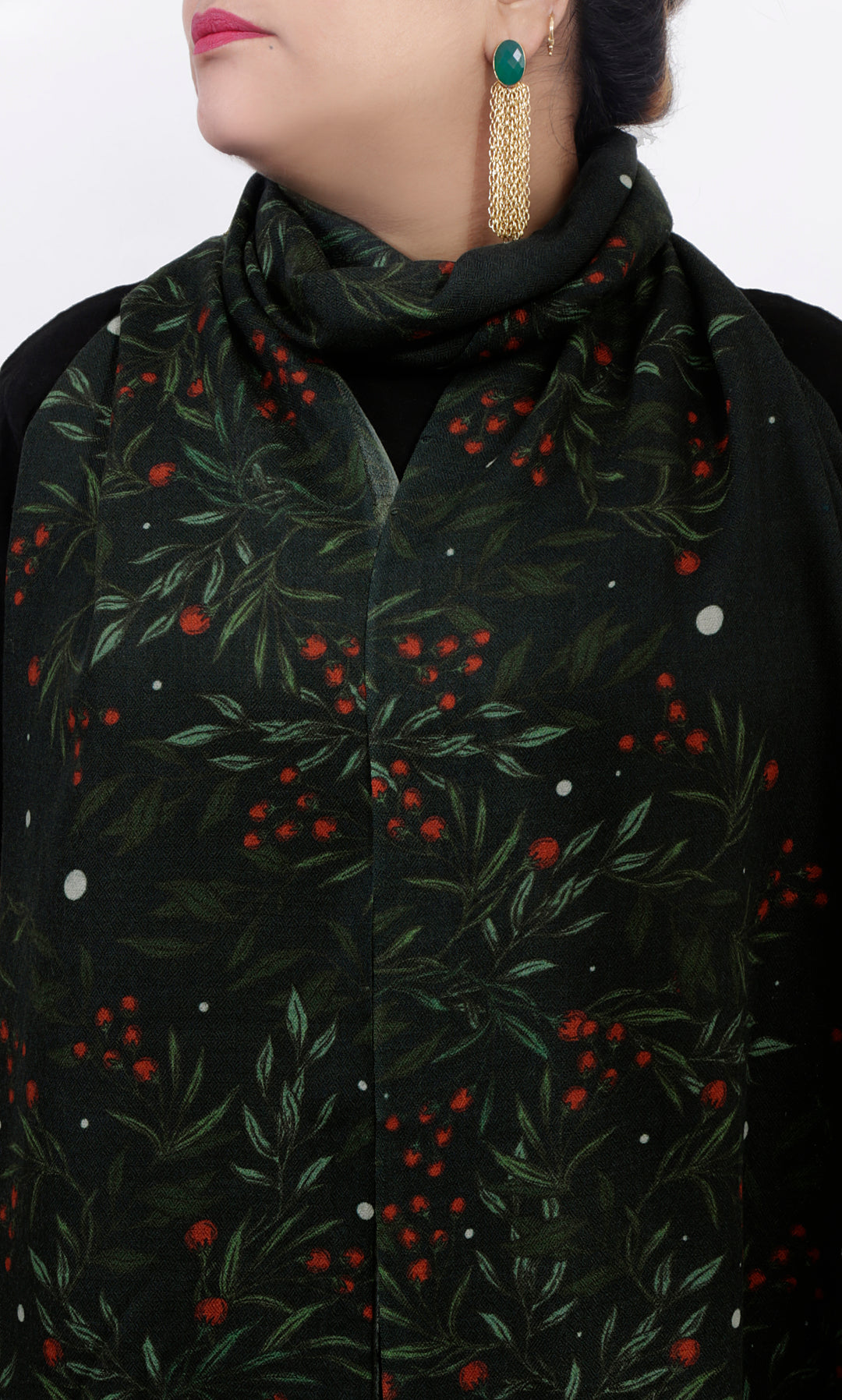 Elegant Merino wool and silk shawl draped over shoulders,perfect for women's evening wear