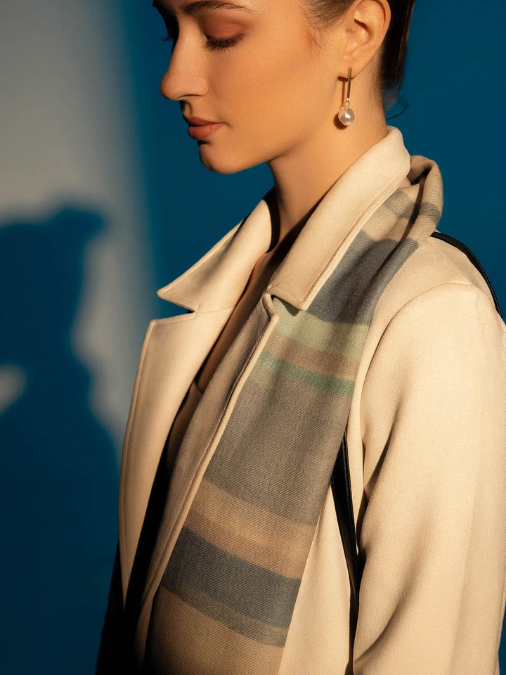 Elegant Merino wool and silk shawl draped over shoulders,perfect for women's evening wear