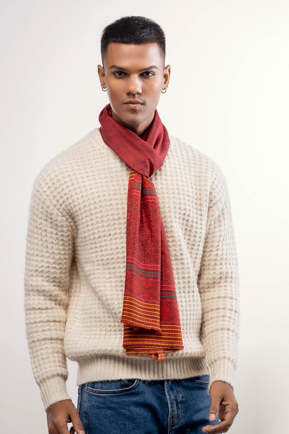 Elegant Merino wool and silk shawl draped over shoulders,perfect for women's evening wear