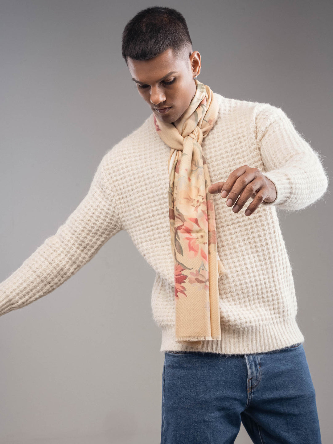 Elegant Merino wool and silk shawl draped over shoulders,perfect for women's evening wear