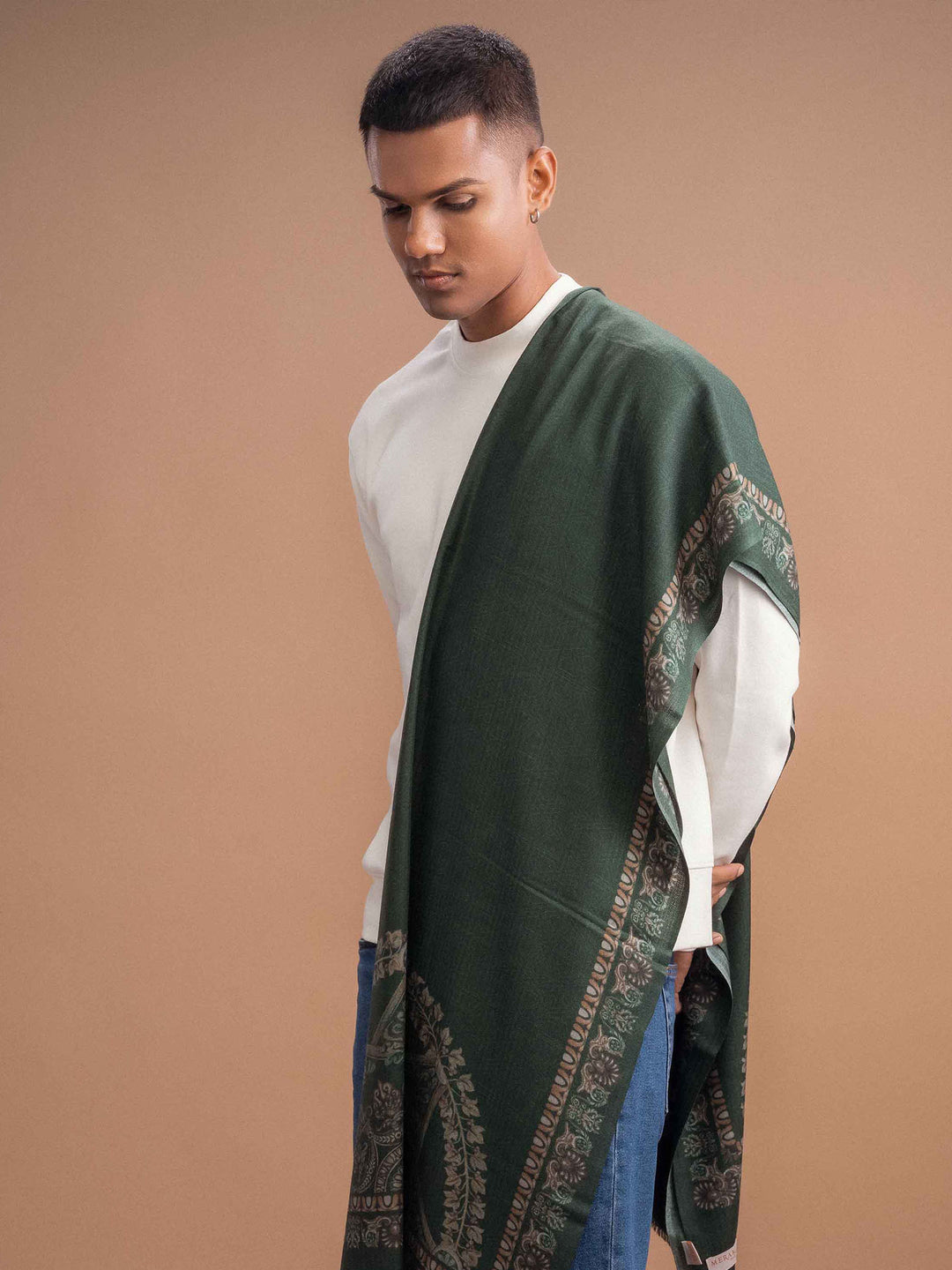 Elegant Merino wool and silk shawl draped over shoulders,perfect for women's evening wear