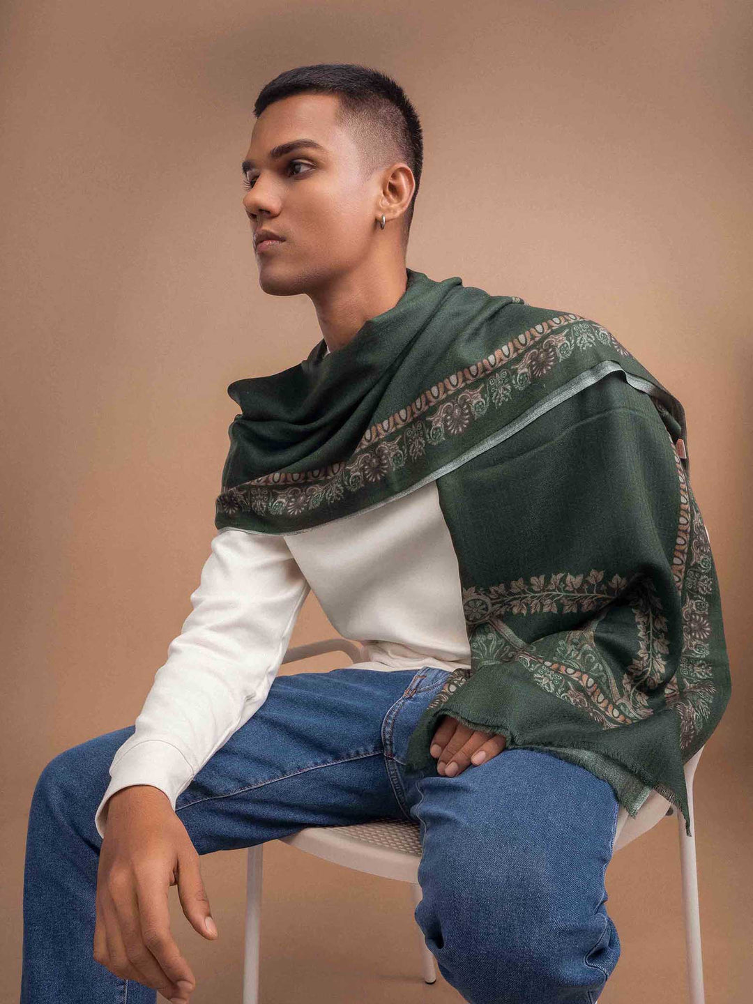 Elegant Merino wool and silk shawl draped over shoulders,perfect for women's evening wear