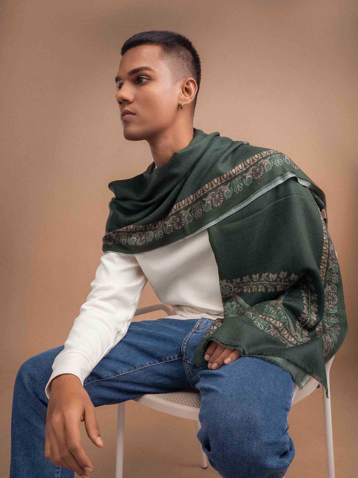 Elegant Merino wool and silk shawl draped over shoulders,perfect for women's evening wear