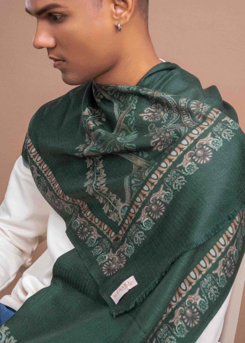 Elegant Merino wool and silk shawl draped over shoulders,perfect for women's evening wear