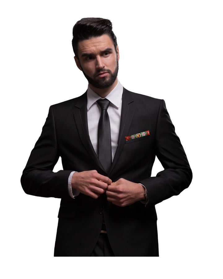 SANTA SHOT MULTICOLOR PRINTED MEN’S SILK POCKET SQUARE FOR BLACK SUIT
