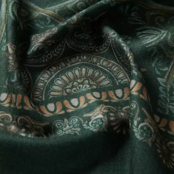 Elegant Merino wool and silk shawl draped over shoulders,perfect for women's evening wear