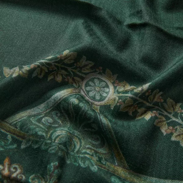 Elegant Merino wool and silk shawl draped over shoulders,perfect for women's evening wear