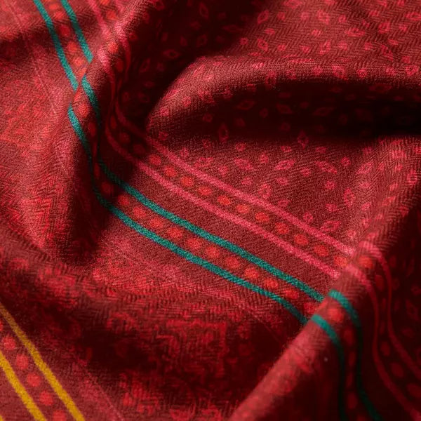 Elegant Merino wool and silk shawl draped over shoulders,perfect for women's evening wear