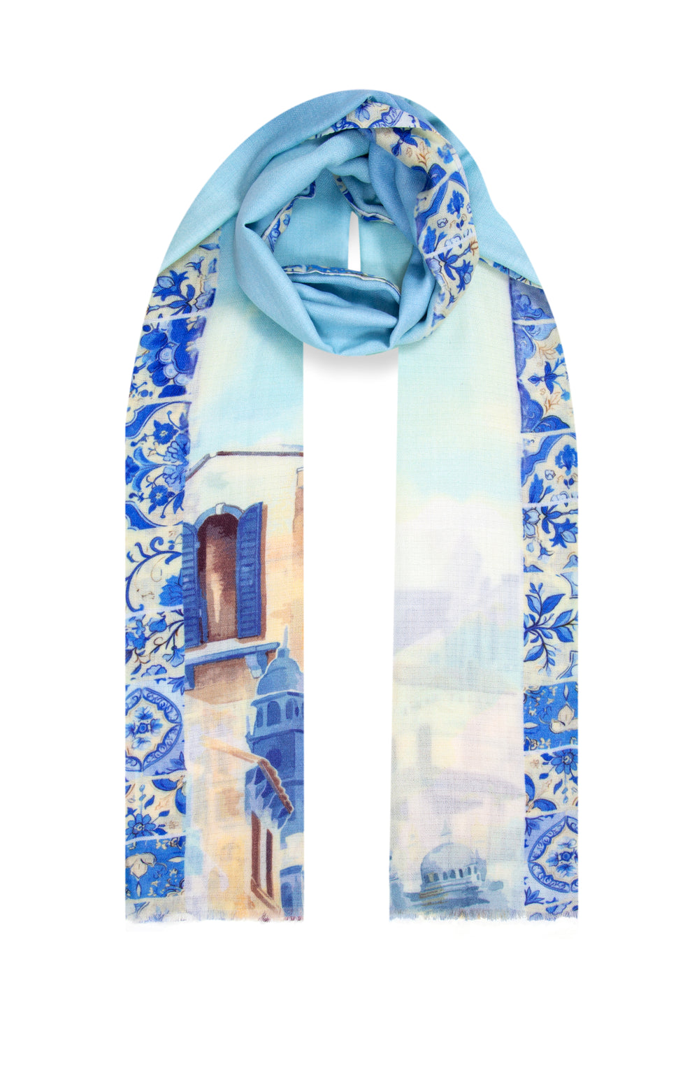 Elegant Merino wool and silk shawl draped over shoulders,perfect for women's evening wear