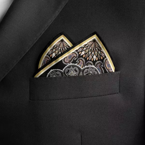 THROUGH THE LENS BLACK PRINTED MEN’S SILK POCKET SQUARE