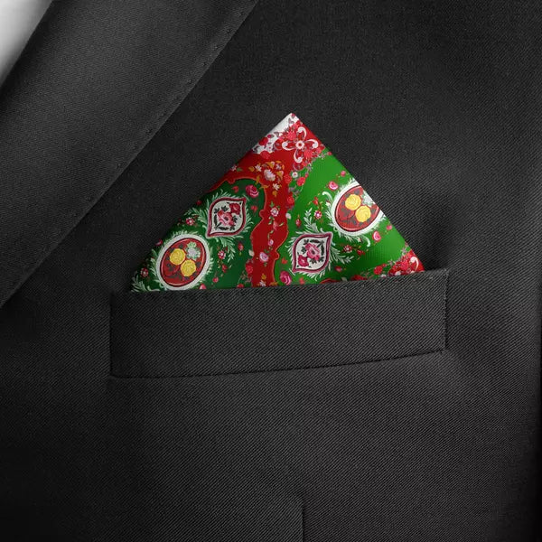 SANTA SHOT MULTICOLOR PRINTED MEN’S SILK POCKET SQUARE FOR BLACK SUIT